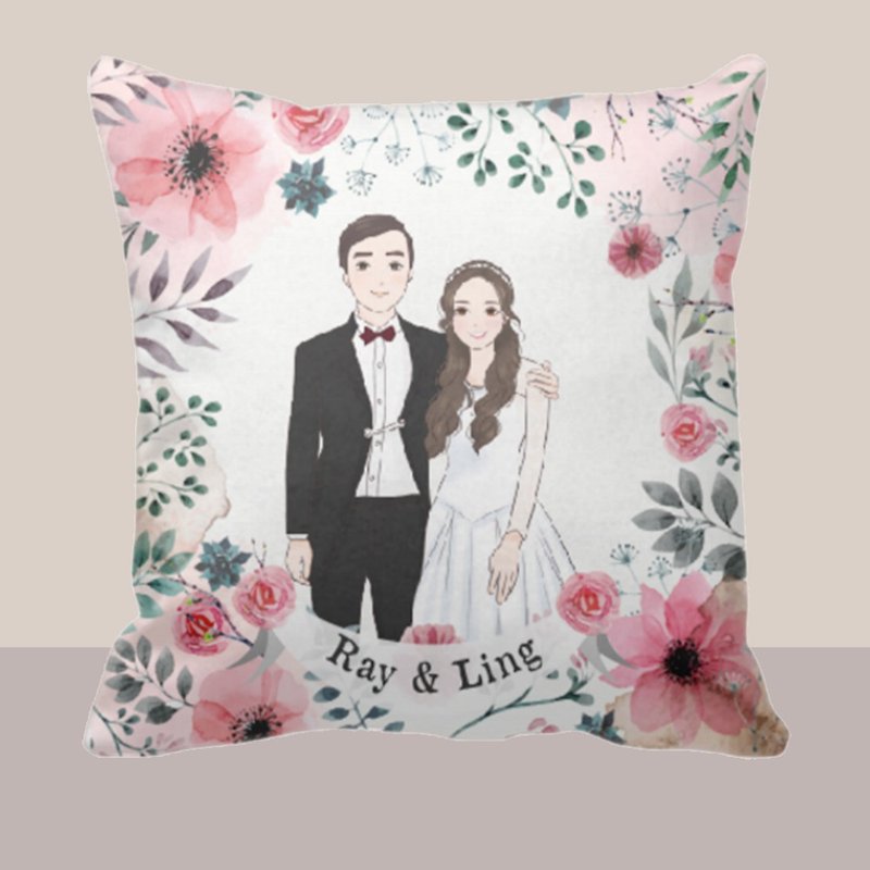 Customized Cushion- Pink flower cushion with illustration - หมอน - เส้นใยสังเคราะห์ สึชมพู