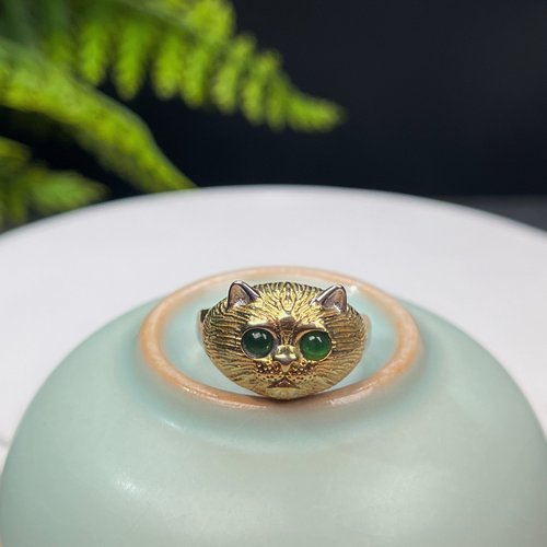 WANZAMGOK 複古貓頭活口戒指 眼部鑲嵌翡翠 S925銀