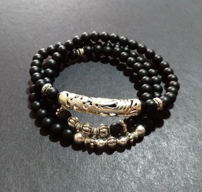 (Customized gift) Matte Black Agate + 925 Dragon and Phoenix Prosperity - สร้อยข้อมือ - คริสตัล สีดำ