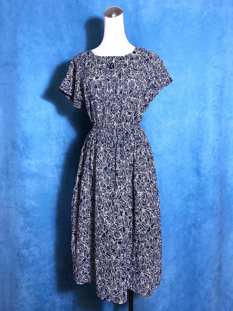 Flowers short-sleeved vintage dress / brought back to VINTAGE abroad - One Piece Dresses - Polyester Blue