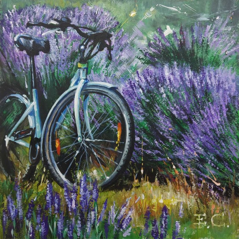 Original acrylic painting Bicycle and lavender field Impressionism 15 x 15 cm Ha - Wall Décor - Wood Multicolor