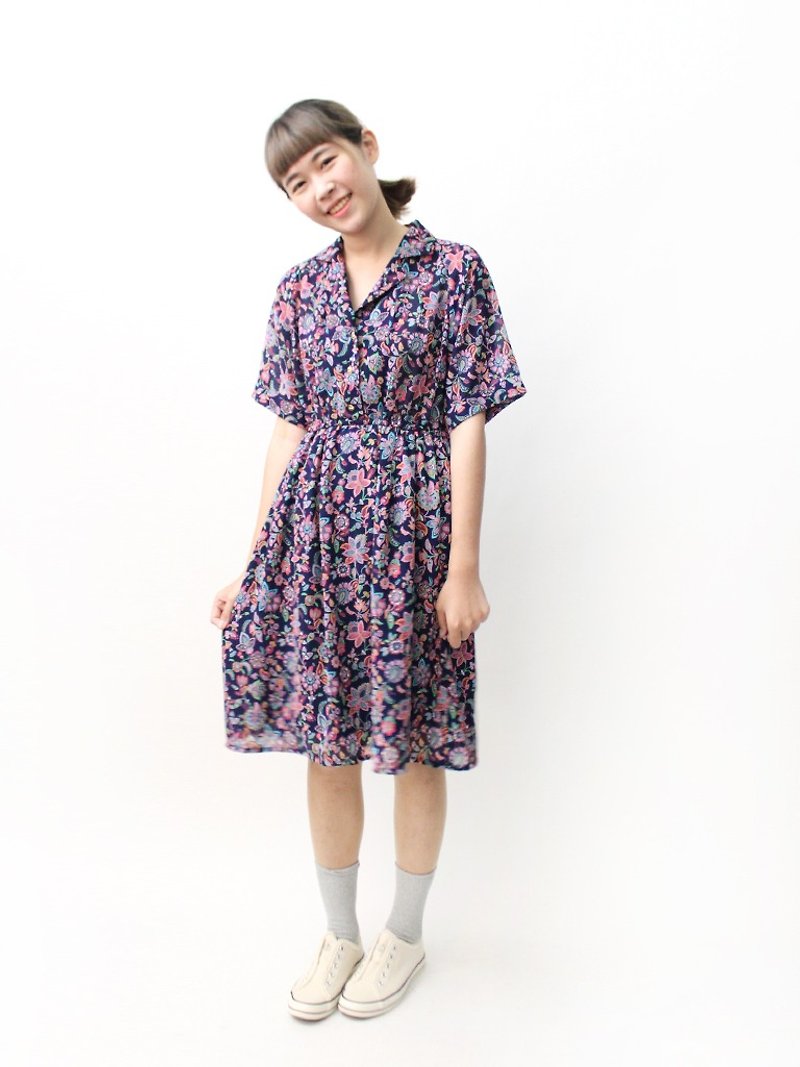 【RE0503D1176】 retro full version of flowers short-sleeved V-neck spring and summer ancient dress - One Piece Dresses - Polyester Purple