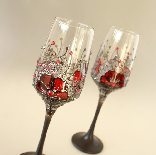 NeA Glass Red Black Wedding Champagne Wine Glasses Anniversary Ruby, Hand-painted set of 2