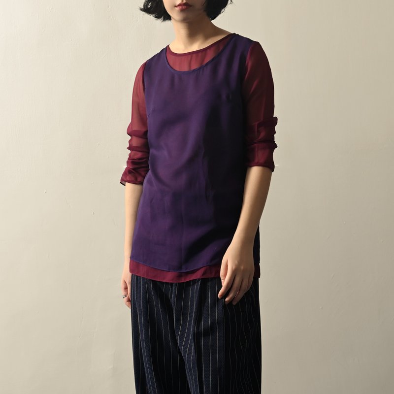 【NaSuBi Vintage】假兩件式拼色紗質古著上衣 - 女裝上衣 - 其他人造纖維 