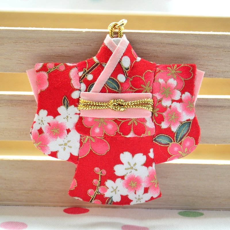 Pocket kimono key ring-red bottom and Japanese cherry blossoms - Keychains - Cotton & Hemp Red