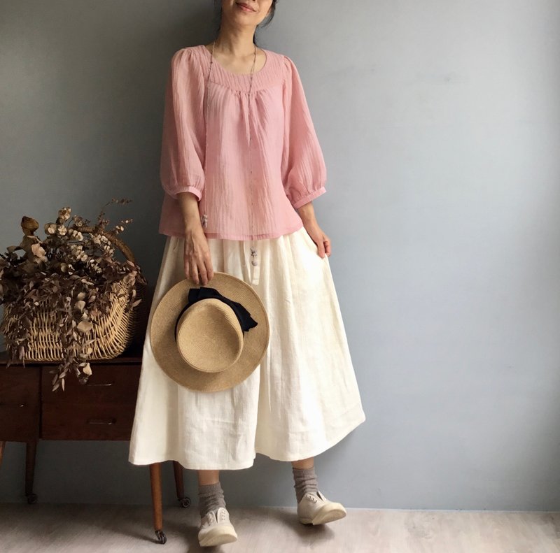 Cherry Blossom Tree/Airy Pink Linen Square Neck Peng Peng Sleeve Top - Women's Tops - Cotton & Hemp Pink