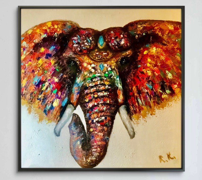 Bright Guardian – Textured Oil Elephant Painting, 80×80 cm - 壁貼/牆壁裝飾 - 其他材質 多色