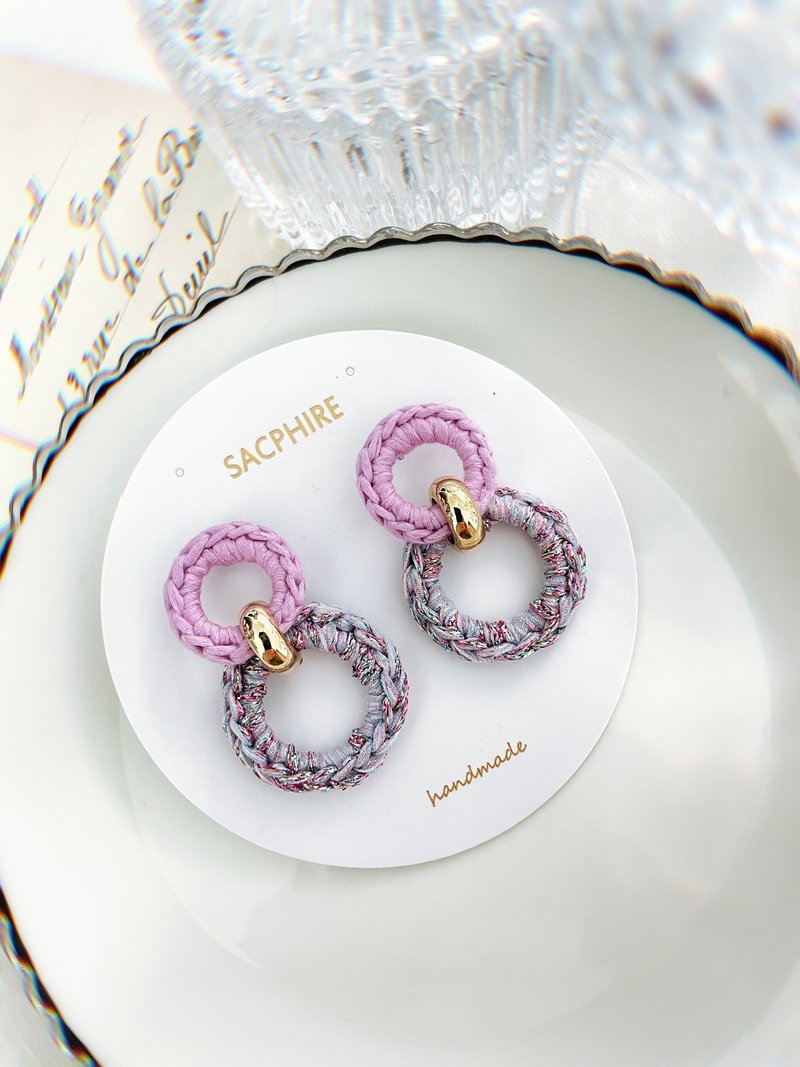 粉紅鈎織暗閃圈圈耳環 復古 紗線 混線 - 耳環/耳夾 - 其他材質 粉紅色