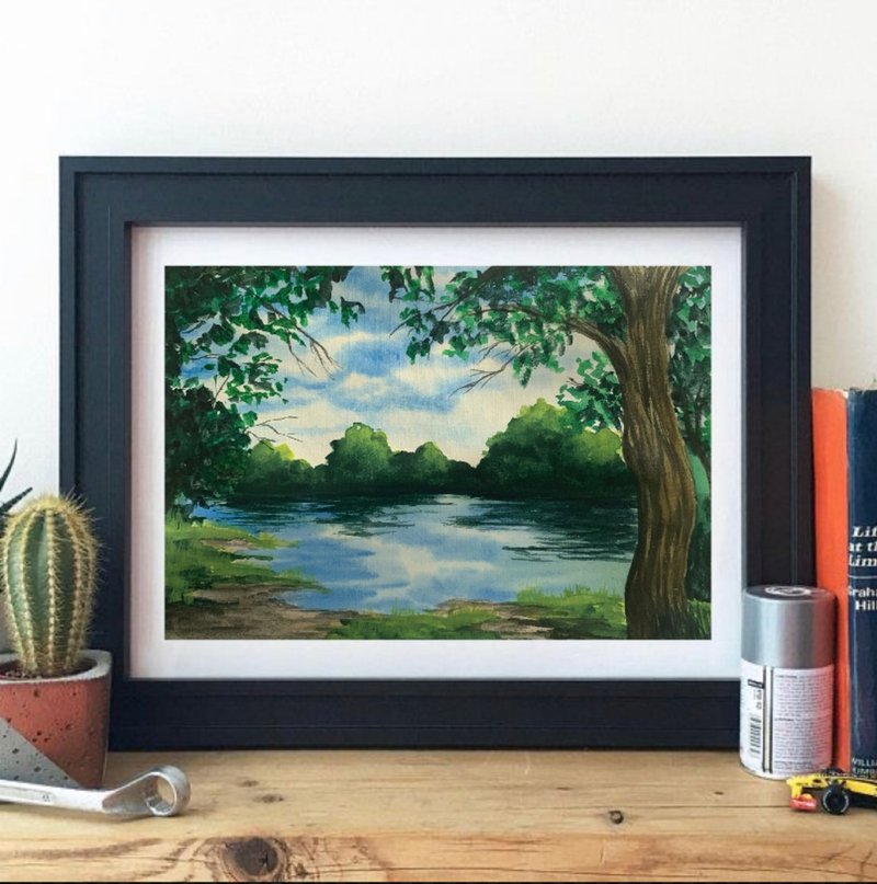 Original Watercolor Forest Landscape Lake Painting Trees Landscape - 壁貼/牆壁裝飾 - 紙 多色