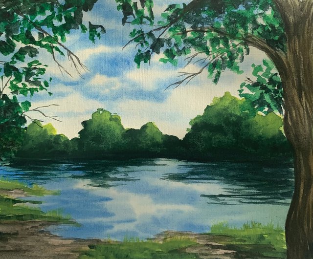 Original Watercolor Forest Landscape Lake Painting Trees Landscape