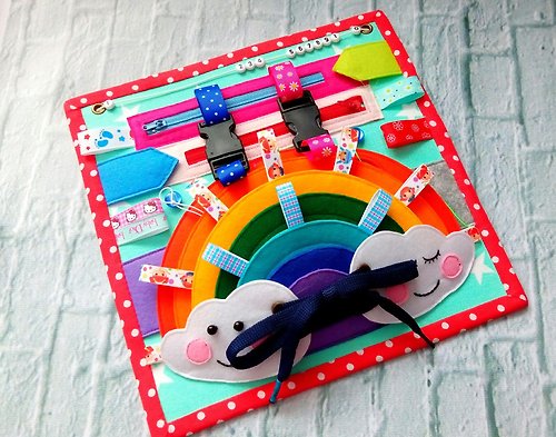 Happy Toy House Montessori toy, Rainbow Busy Board, Toddler fabric toy, Autism blanket, play mat