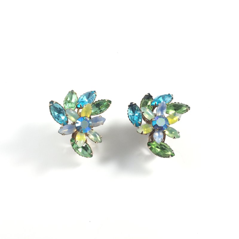 Vintage 60s Lime Sparkle Crystal Clip-on Earrings - 耳環/耳夾/耳骨夾 - 銀 多色