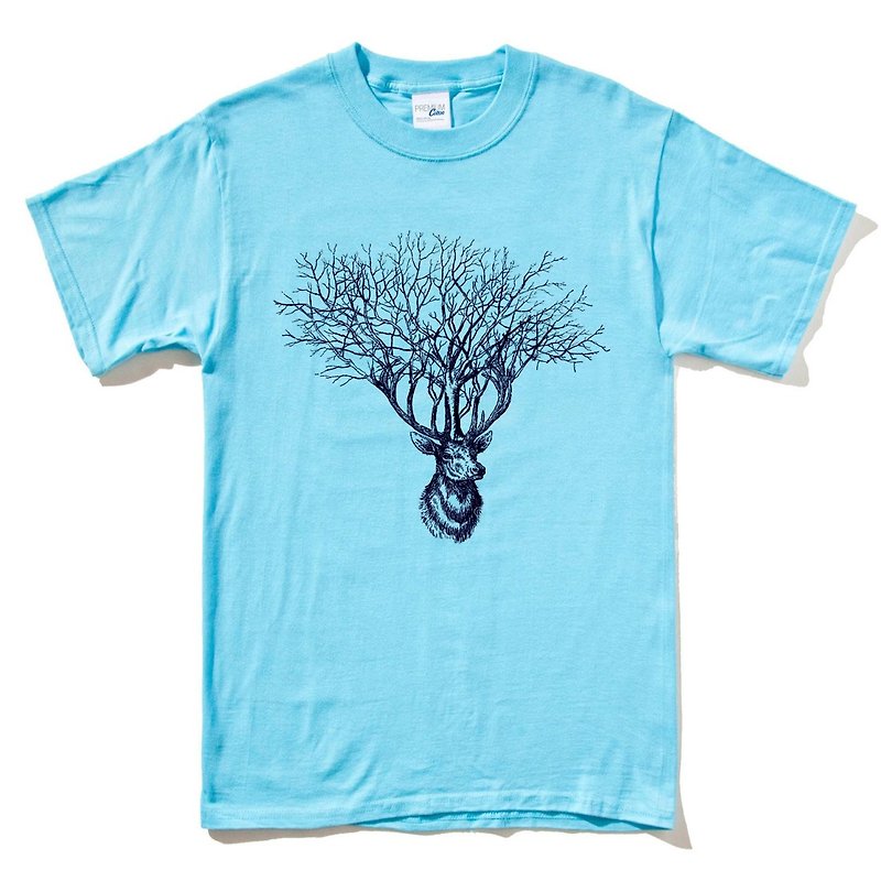 Deer Tree【現貨】短袖t恤 淺藍色 鹿樹麋鹿設計文青自創品牌動物 - 男 T 恤 - 棉．麻 藍色
