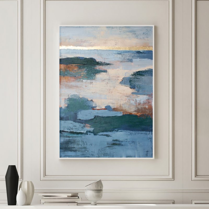 Blue painting | Abstract nature painting | Abstract Blue Painting | Estuary - 壁貼/牆壁裝飾 - 棉．麻 藍色