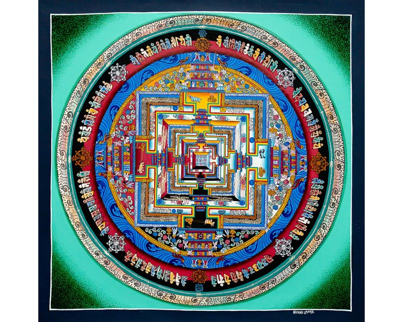 藏傳卡拉查克拉曼陀羅唐卡 – 宇宙能量之輪 - 壁貼/牆壁裝飾 - 其他材質 多色
