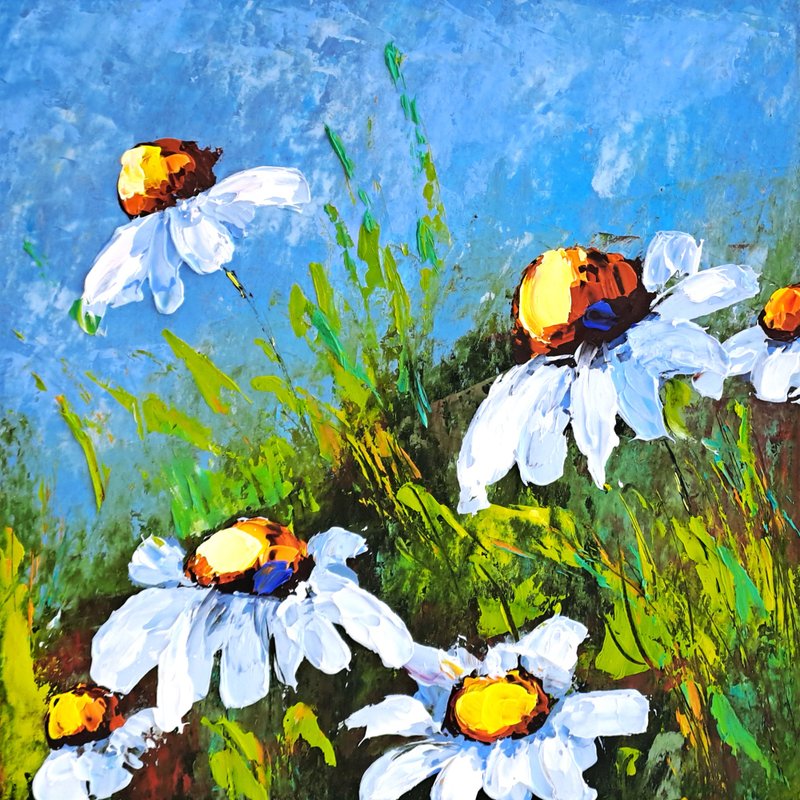 Daisies Painting Daisy Original Art Impasto Oil Painting Flowers Small Wall Art - 海報/掛畫/掛布 - 其他材質 多色