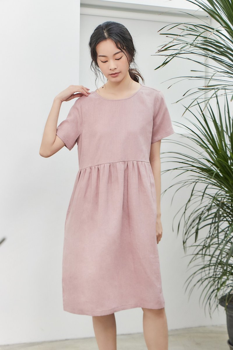 Linen dress [CONTRAST card 偌诗] - ชุดเดรส - ผ้าฝ้าย/ผ้าลินิน สึชมพู