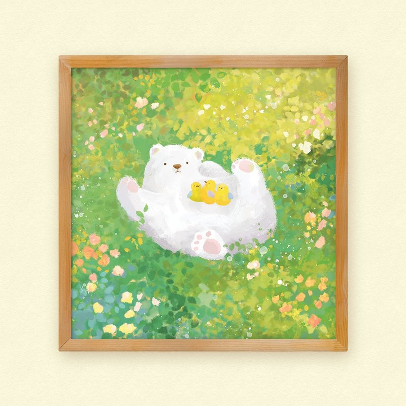 Illustration Art Poster | The baby bear and little birds - โปสเตอร์ - กระดาษ สีเขียว