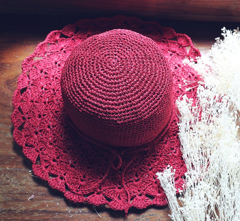 Handmade-Crimson Flower Braided Hat-Hand Knitted Sun Hat-Hand Knitted-Traveling/Birthday Gift/Couple Hat - หมวก - กระดาษ สีแดง