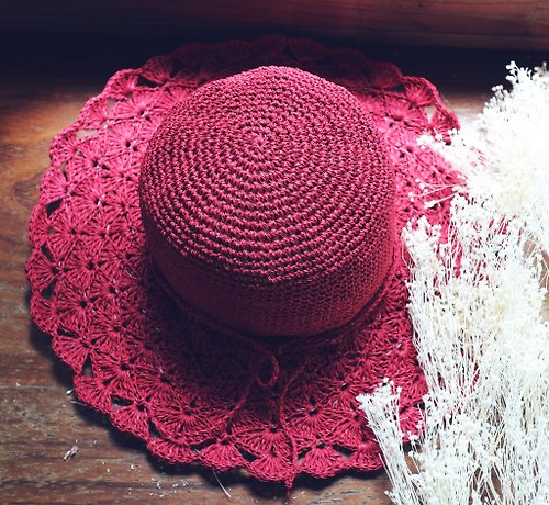 chichi *hand made 手作-深紅花編帽-手編織遮陽帽-手工編織-出遊/生日禮物/情侶帽