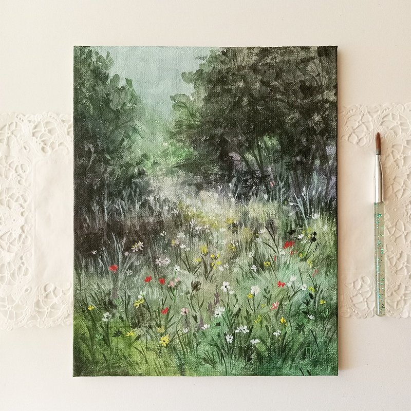 Original Painting Canvas Rural Landscape flower meadow Forest - ตกแต่งผนัง - วัสดุอื่นๆ หลากหลายสี