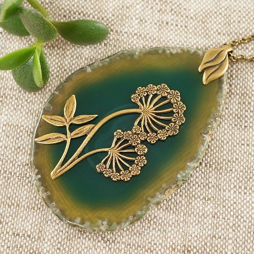 AGATIX Green Agate Slice Slab Necklace Flower Floral Grass Green Stone Pendant Jewelry