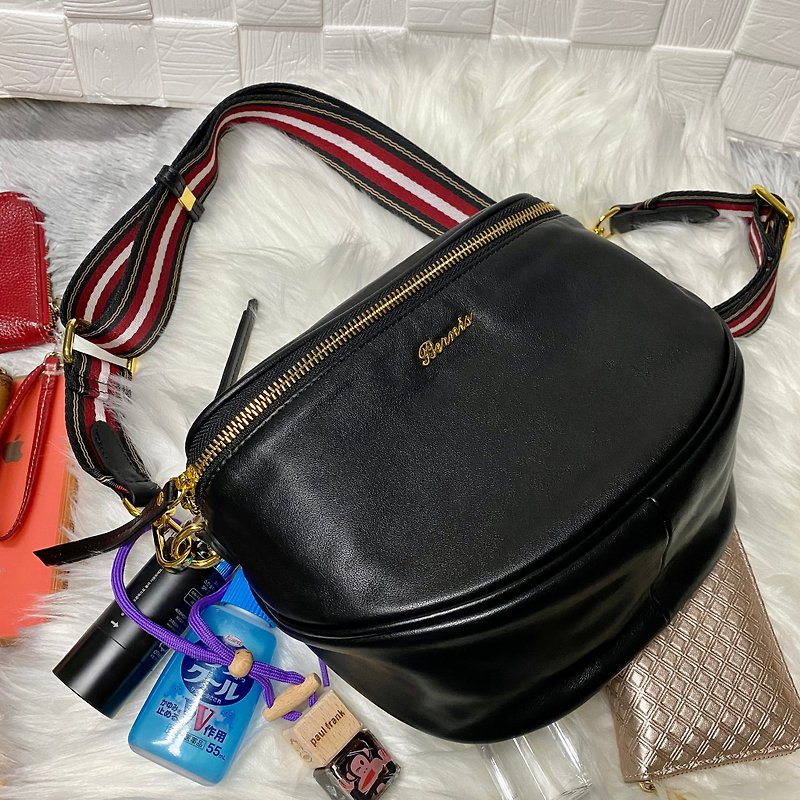 Oblique side back nappa series half-moon chest bag - black contrast color strap / soft and delicate - Messenger Bags & Sling Bags - Genuine Leather Black