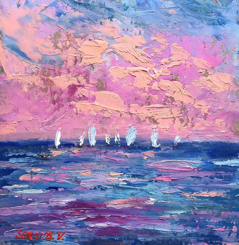 Seascape Painting Original Ocean Painting Coast Sea Oil Art Artwork - Items for Display - Other Materials Pink