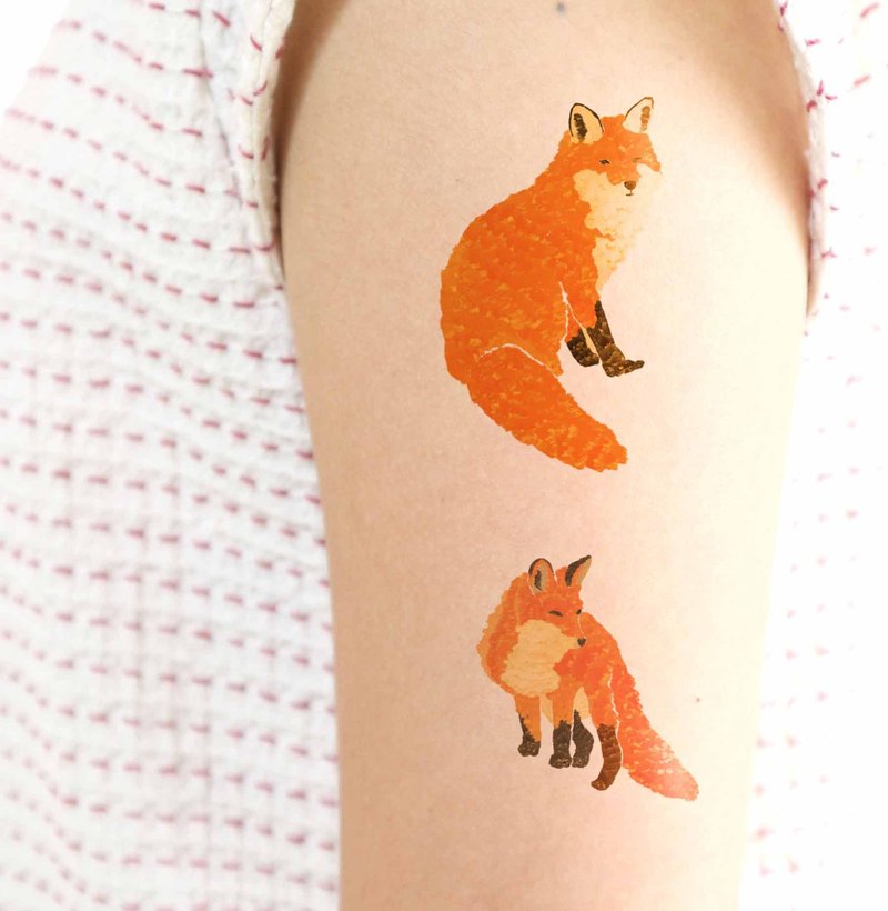 // Playful foxes tattoos stickers // paintbrush texture. Orange foxes . Special gift. - 紋身貼紙/刺青貼紙 - 紙 橘色