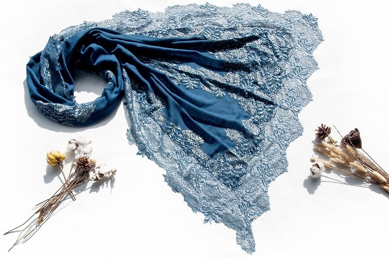 喀什米爾Cashmere 手織圍巾 編織圍巾 針織圍巾 純羊毛圍巾-蕾絲 - 頸巾/披肩 - 羊毛 藍色