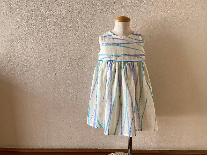 Children's yukata fabric modest flare dress ivory fluctuation stripes 80-100 size, made-to-order - กระโปรง - ผ้าฝ้าย/ผ้าลินิน สีน้ำเงิน