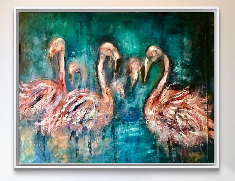 Silent Dance in Blue Mist – オリジナルフラミンゴ油絵 - ウォールデコ・壁紙 - その他の素材 