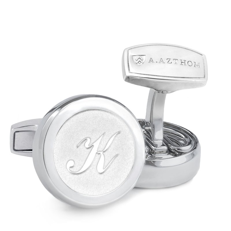 Monogram Etched Silver Cufflinks with Clip-on Button Covers (K,L,M,N,O) - กระดุมข้อมือ - โลหะ สีเงิน