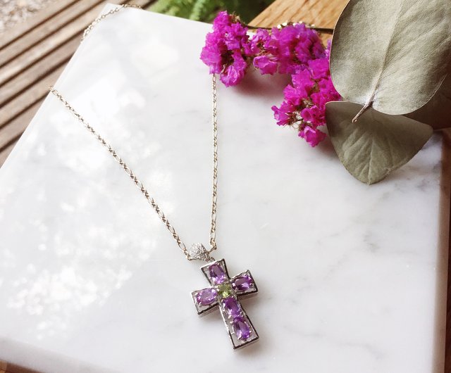 *NINA SHIH JEWELRY*Sterling Silver Cross Jewel Necklace (Amethyst)