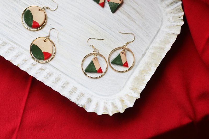 情人節禮物紅綠復古系列陶瓷耳環耳夾純銀 - 耳環/耳夾 - 陶 綠色