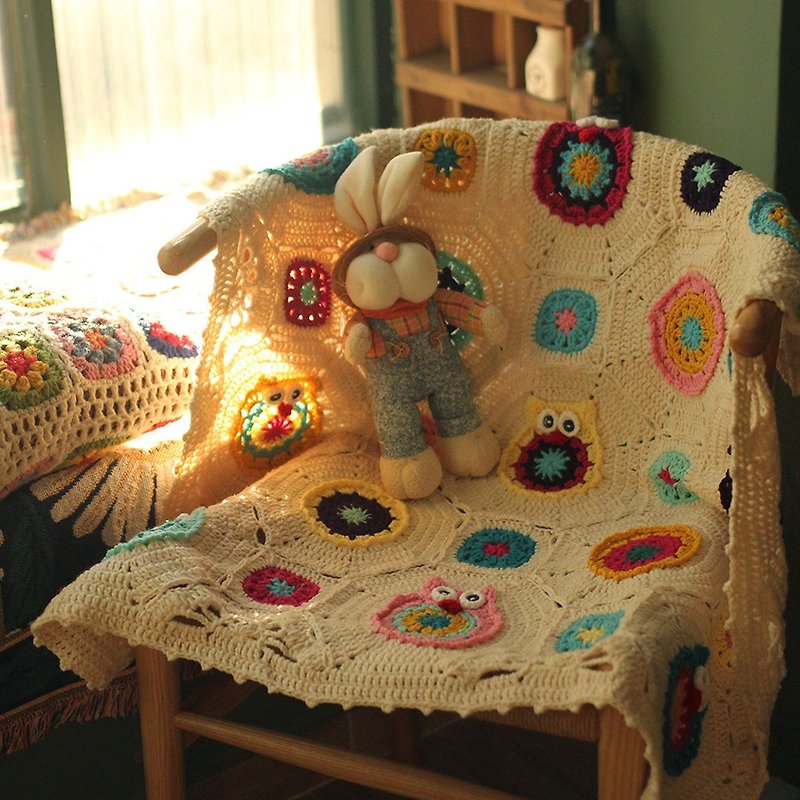 Hand hook flower Nordic style retro Sen decorative leisure blanket sofa blanket # owl wool blanket - ผ้าห่ม - ผ้าฝ้าย/ผ้าลินิน 