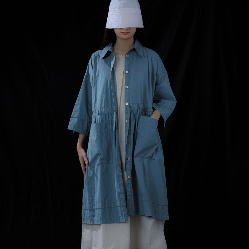 抽帶長襯衫外套 - 女襯衫 - 棉．麻 藍色