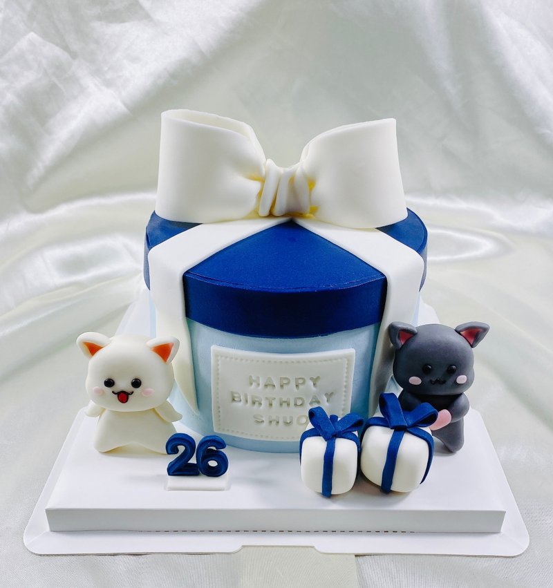 Cat Gift Box Fondant Cake Birthday Cake Customized Dessert Mid-Moon Wedding 6-inch Face-to-Face - Cake & Desserts - Fresh Ingredients Blue