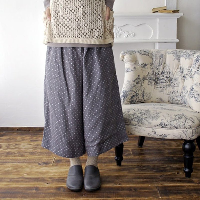 Cat dot linen soft processing wide pants long culottes - กางเกงขายาว - ผ้าฝ้าย/ผ้าลินิน สีเทา