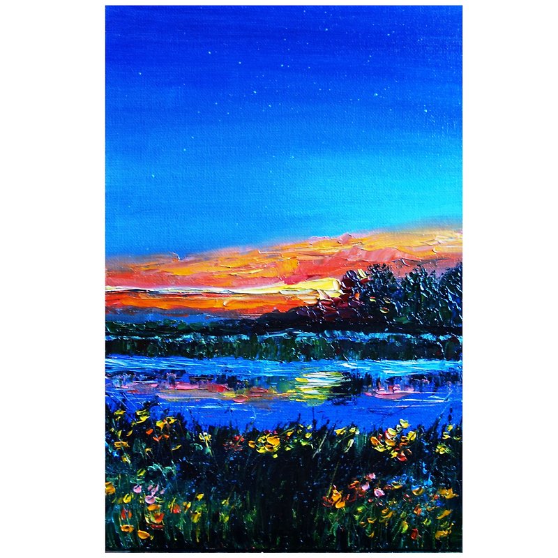 Meadow Painting Oil Wildflower Original Art 油畫原作 Landscape Artwork - โปสเตอร์ - วัสดุอื่นๆ หลากหลายสี