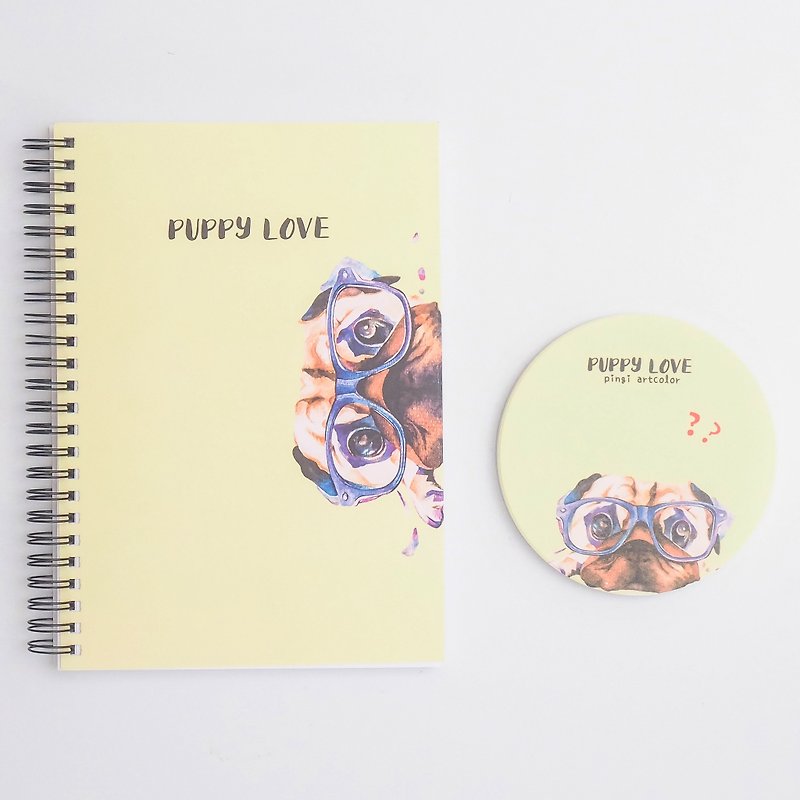 Pug A5 coil notebook + ceramic coaster sets パグPOPPY LOVE - Notebooks & Journals - Paper Yellow