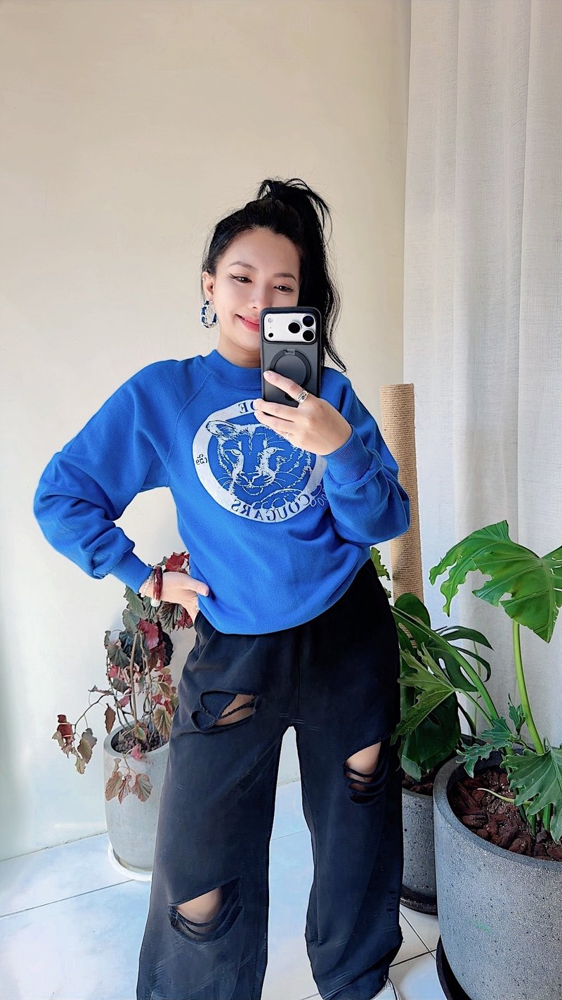 U.S.A. sweatshirt 靛寶藍色豹貓 寬鬆大尺寸 古著大學T衛衣 - 帽T/大學T - 棉．麻 藍色
