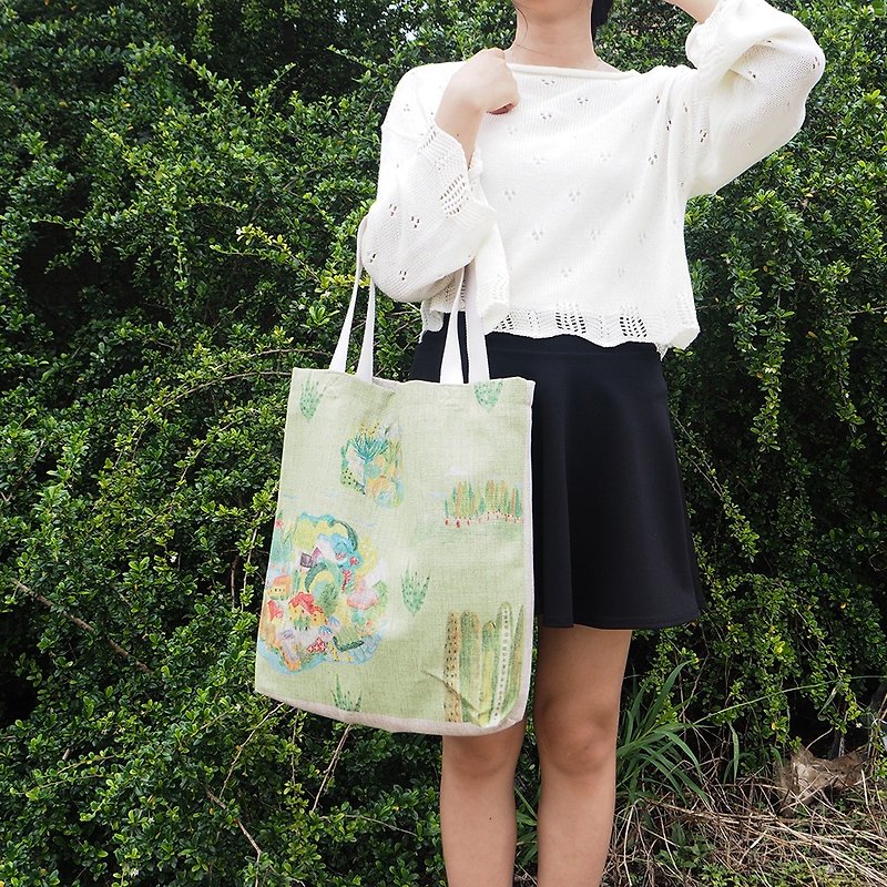 綠綠小島天然棉麻購物袋包包 - 側背包/斜背包 - 亞麻 綠色