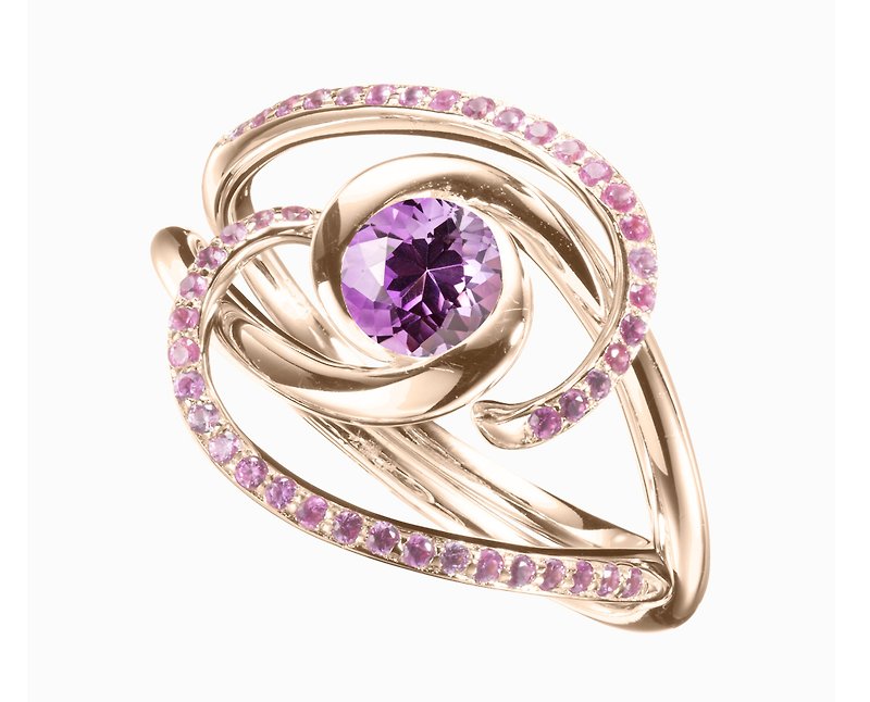14k gold amethyst & pink sapphire engagement ring set. Bridal wedding band set - แหวนทั่วไป - เครื่องประดับ สีม่วง
