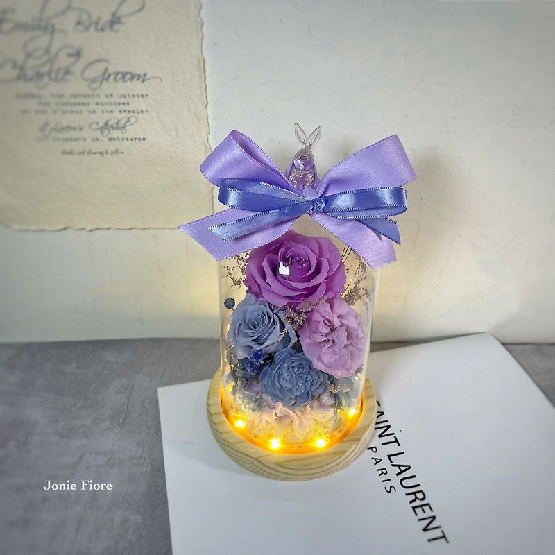 永生玫瑰玻璃花盅小夜燈 - 乾燥花/永生花 - 玻璃 紫色