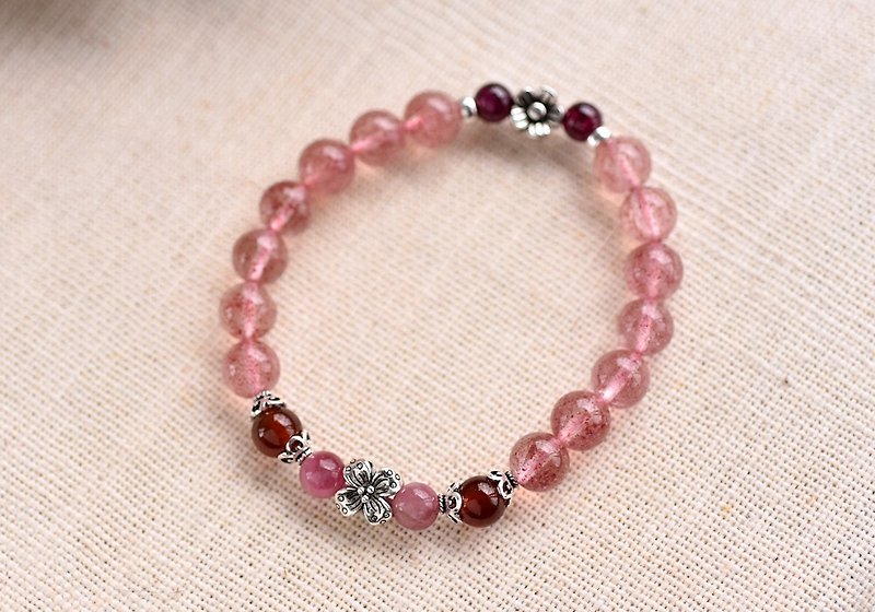 Transparent Strawberry Crystal + Stone+ Pink Tourmaline Sterling Silver Flower Crystal Bracelet - Bracelets - Crystal Pink