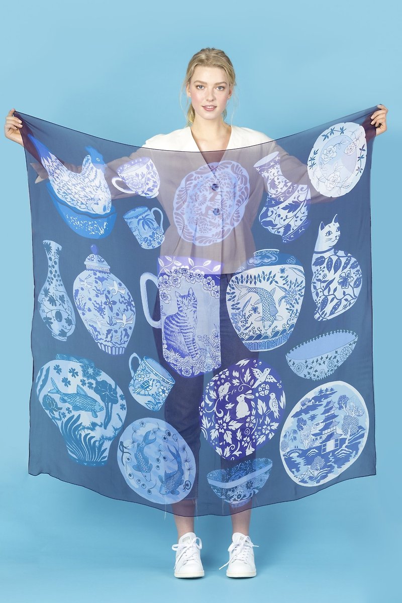 Pottery oversized silk scarf - ผ้าพันคอ - ผ้าไหม สีน้ำเงิน