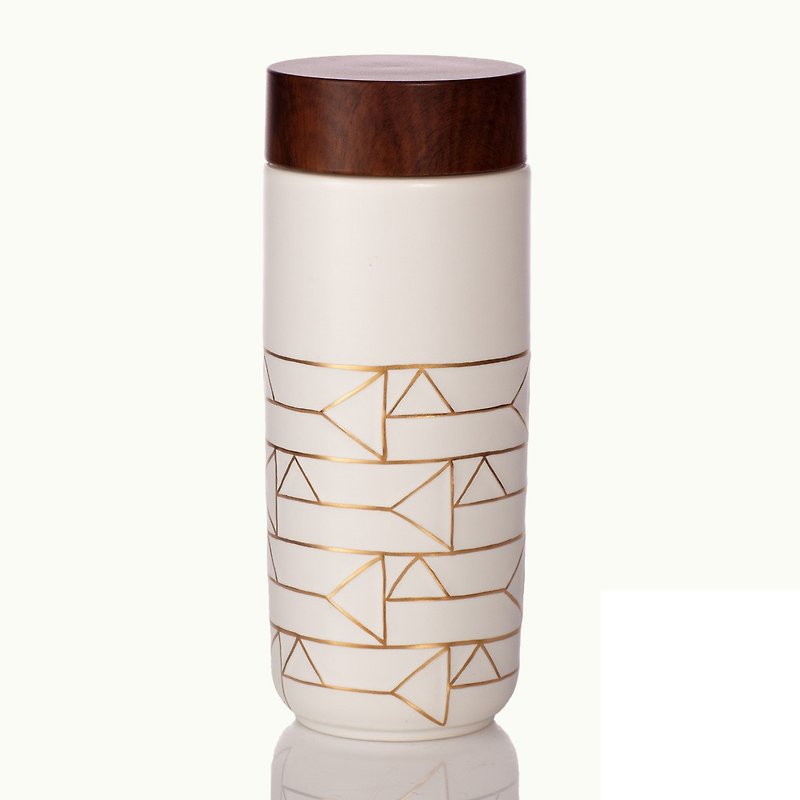 Stone portable cup_horizontal grain / large / double layer / white ivory gold / imitation wood grain cover - Pitchers - Porcelain 