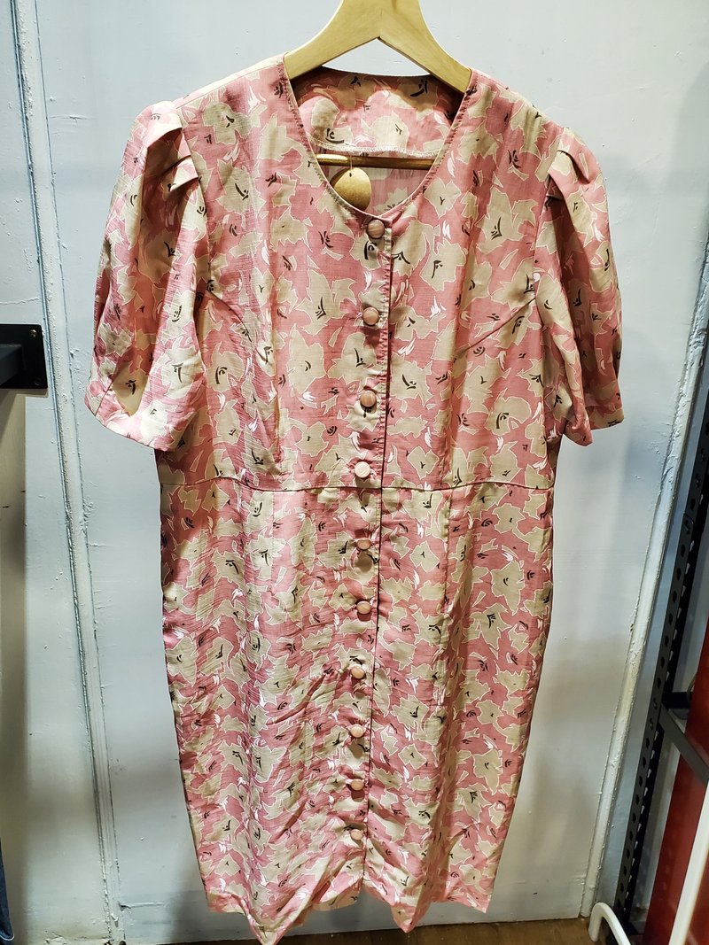 Nearly new Japanese vintage chiffon cherry blossom pink short-sleeved dress M size - One Piece Dresses - Cotton & Hemp Pink