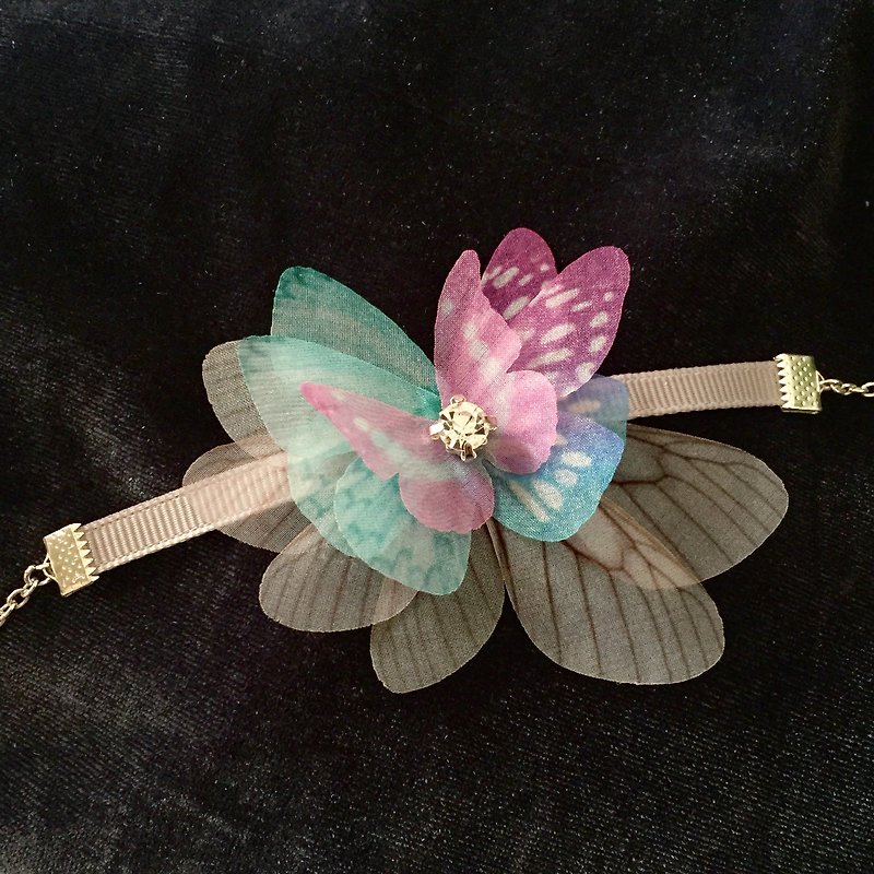 [❤️ any two 10%! ] Can be changed Ring / hairpin / brooch! Fancy silk butterfly bracelet ❤️ dream wedding bride wrist chain! 💒 dream gradient color - diamond crystal birthday holiday gifts - สร้อยข้อมือ - พืช/ดอกไม้ หลากหลายสี
